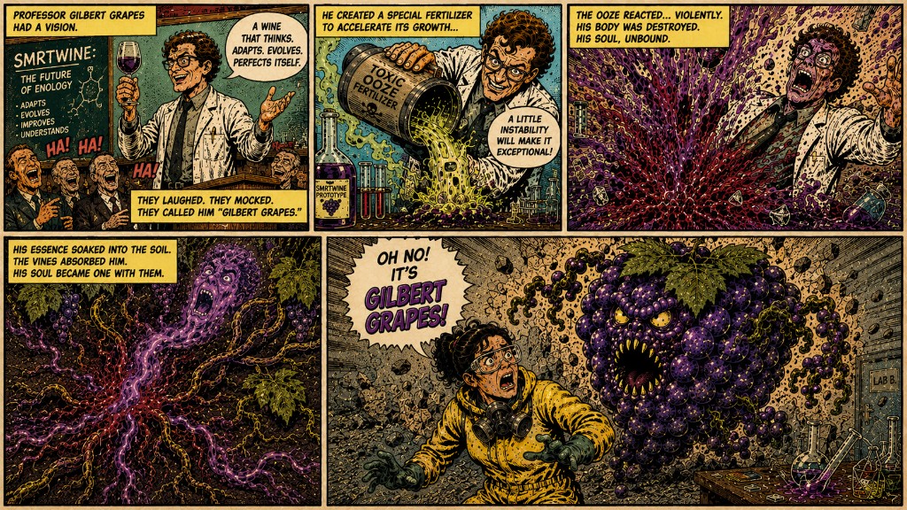 Five-panel comic “Gilbert Grapes”: Professor Gilbert Grapes pitches SMRTWINE and is mocked; he applies toxic ooze fertilizer and a prototype; the ooze destroys his body; his essence merges with vines underground; he returns as a giant grape monster through Lab B. Speech bubble: “Oh no! It’s Gilbert Grapes!”